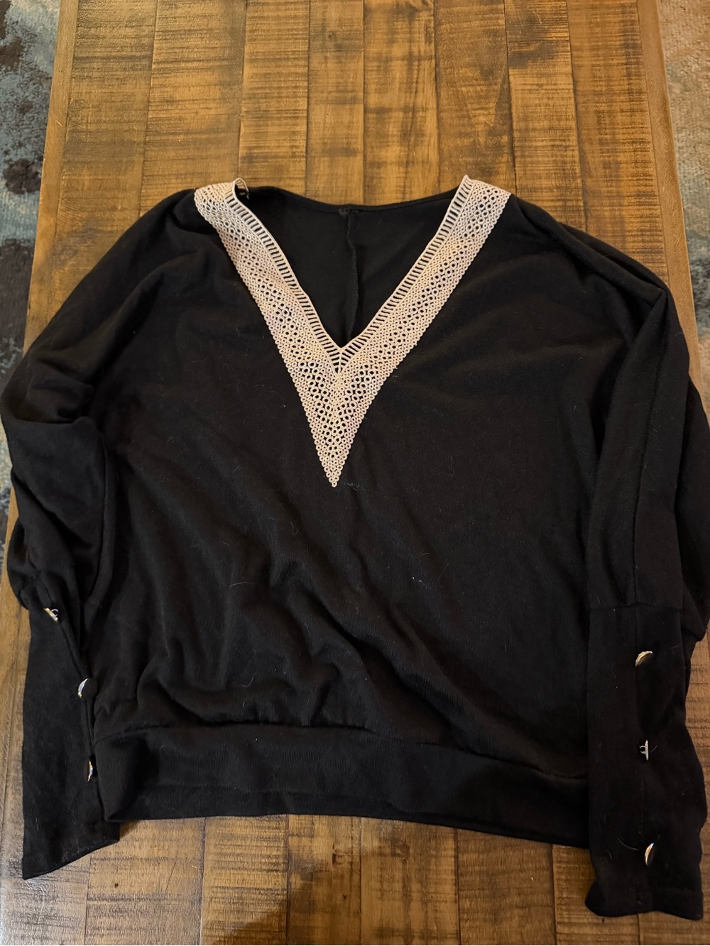 Black Top with Crochet V-Neck Trim
